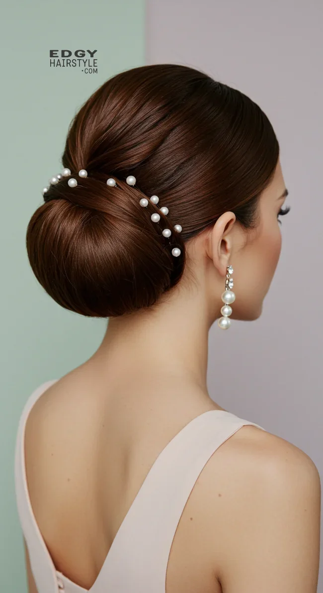 12. Low Bun with Pearl Accessories | How To: Hairstyles For Wedding Guests: 15 Most Beautiful Variants With Step-By-Step Guide