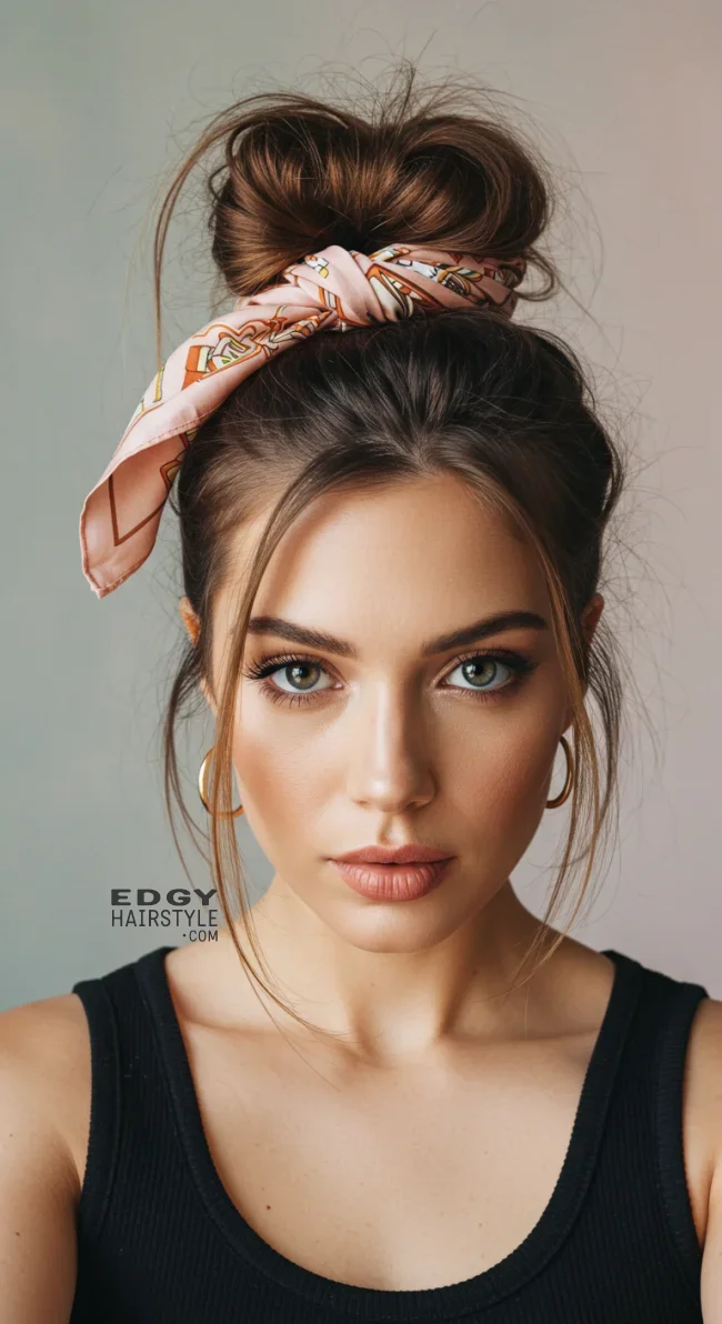 11. Messy Bun with a Scarf | Perfect Messy Bun Ideas In A Short Time - Hairstyle Trick