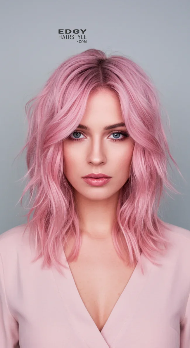 5. Wavy Pastel Pink Wolf Cut | 10 Daring Medium-Length Wolf Cut Ideas For An Edgy Look