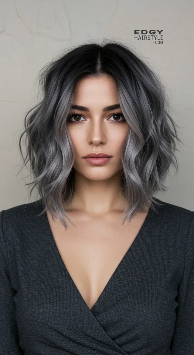 10. Wavy Lob with Ash Grey and Black Roots | Short Haircuts: 2025’S Trendy Two-Tone Styles