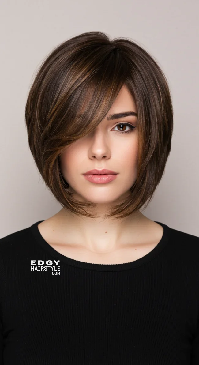 6. Short Layered Bob With Side-Swept Bangs | 7 Short Layered Haircuts With Bangs To Switch Up Your Look