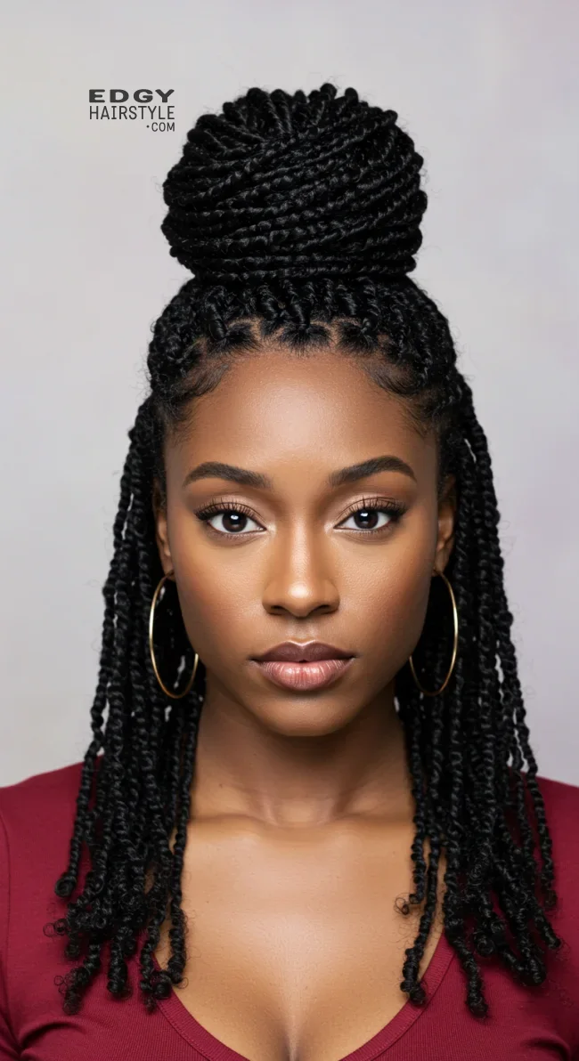 8. Half-Up Top Knot with Twists | 10 Cool Half Up Half Down Hairstyles For Black Women