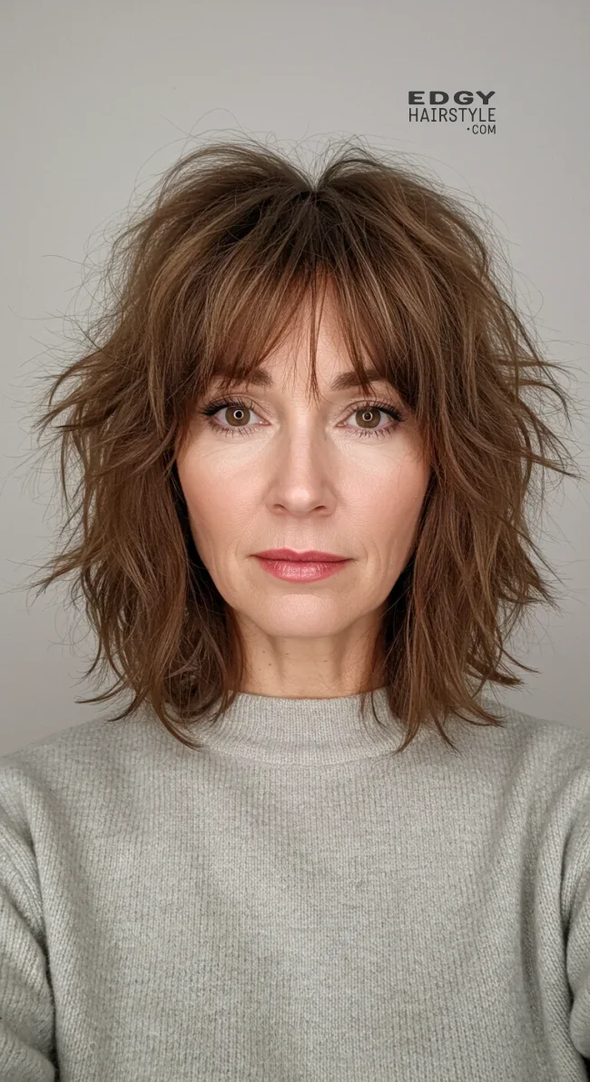 5. Shaggy Lob with Textured Bangs | 15 Chic Hairstyles With Bangs For Over 50