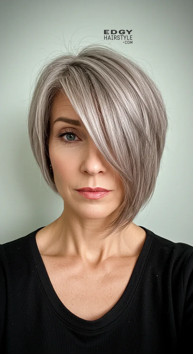 9. Modern Asymmetrical Bob with Side Bangs | 15 Chic Hairstyles With Bangs For Over 50