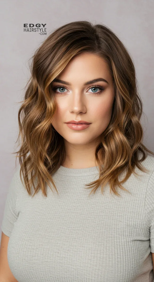 7. Soft Waves with a Side Part | Best Medium-Length Haircuts For Chubby Faces: Style Guide