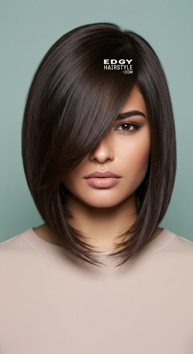 2. Long Bob (Lob) with Side Bangs | Best Medium-Length Haircuts For Chubby Faces: Style Guide