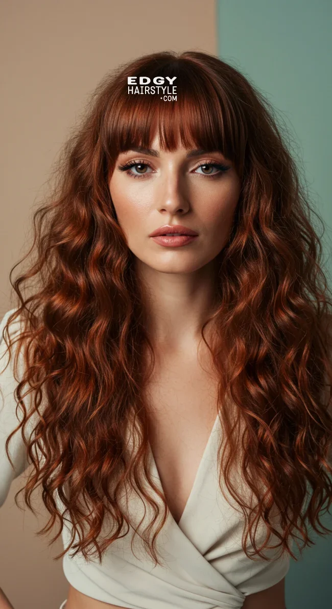 12. Long Curly Hair with Blunt Bangs | 15 Best Curly Hairstyles With Bangs For A Stunning Look!