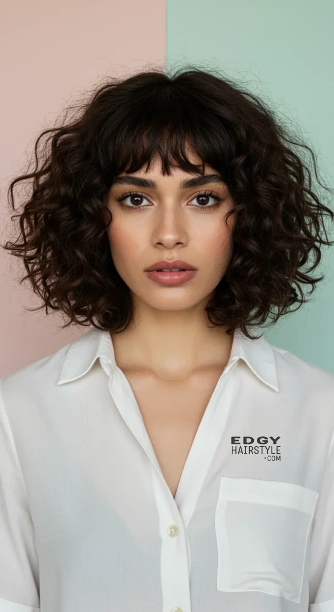 1. Curly Bob with Full Bangs | 15 Best Curly Hairstyles With Bangs For A Stunning Look!