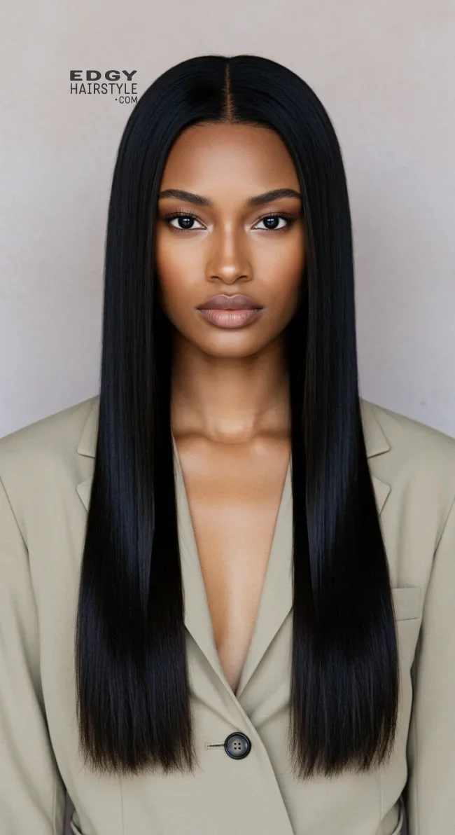 15. Straight Long Hair with Center Part | 15 Hairstyle Ideas For Round Face And Thick Hair