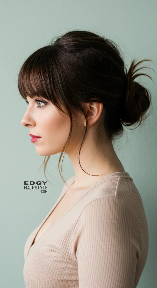12. Messy Low Bun with Side Bangs | 15 Hairstyle Ideas For Round Face And Thick Hair