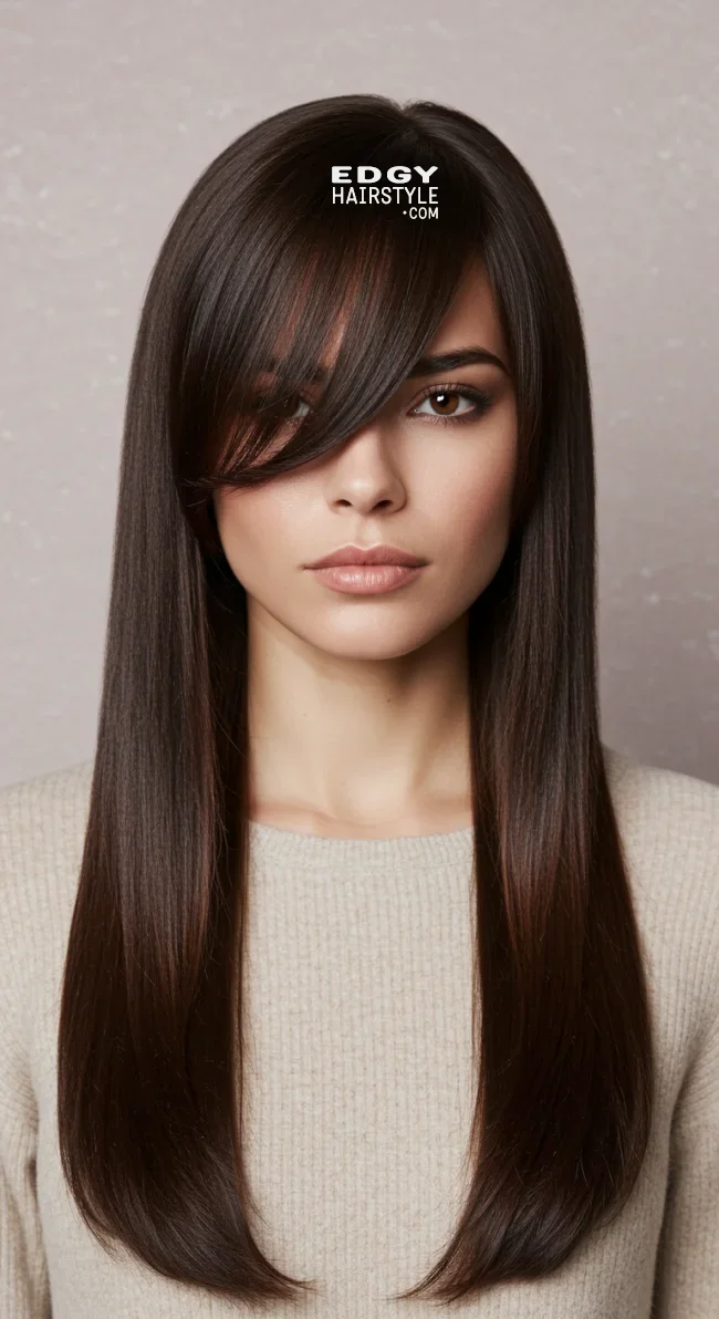 2. Side-Swept Bangs with Long Hair | 15 Hairstyle Ideas For Round Face And Thick Hair