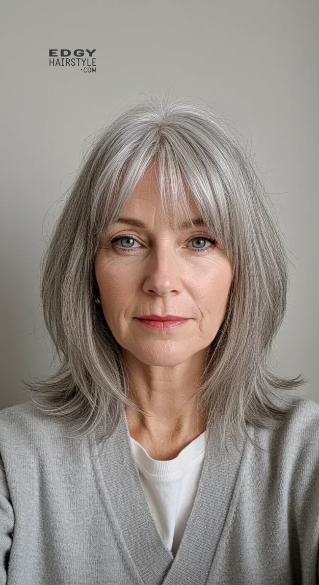 9. Shoulder-Length Grey Hair with Curtain Bangs | 10 Chic Grey Hairstyles For Women Over 60 That You’ll Love To Try
