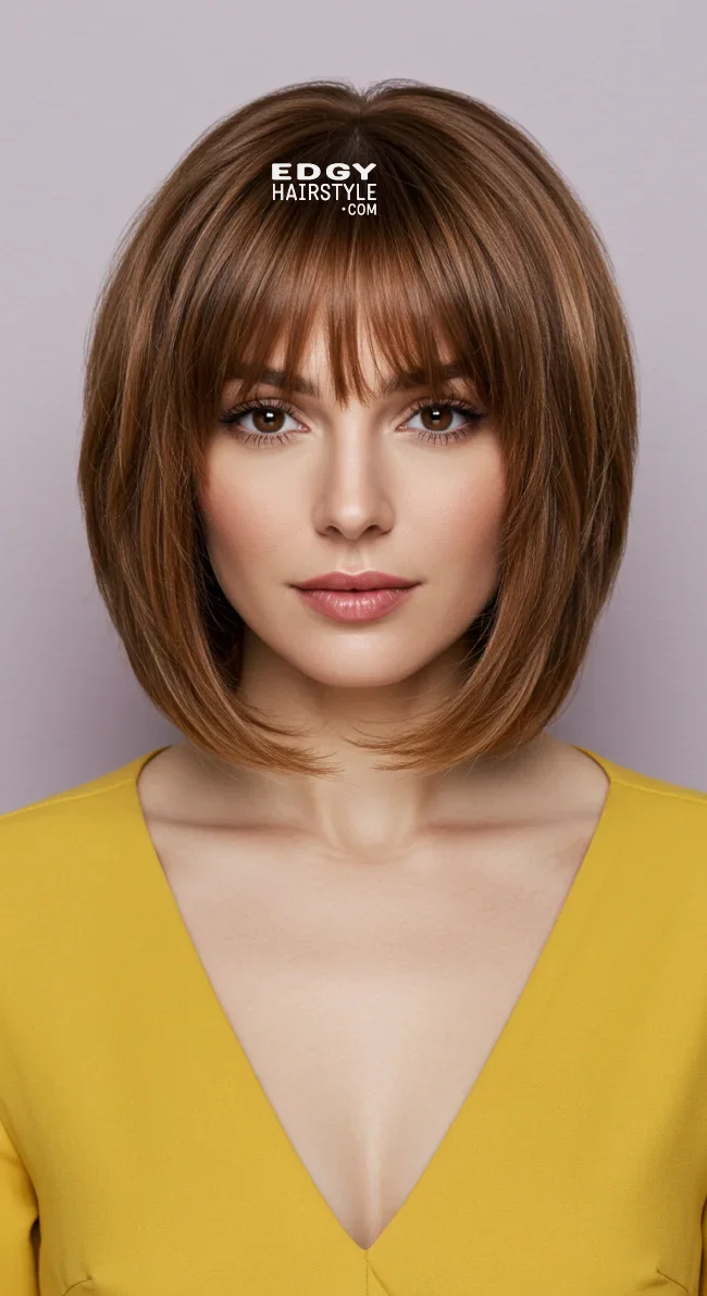 6. Layered Shoulder-Length Cut with Curtain Bangs | Low Maintenance Shoulder-Length Hairstyles For Thin Hair