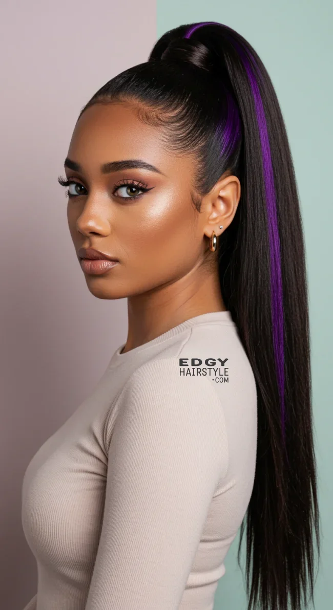 14. High Ponytail with Purple Money Pieces | 15 Trendy Hairstyles With Purple Highlights
