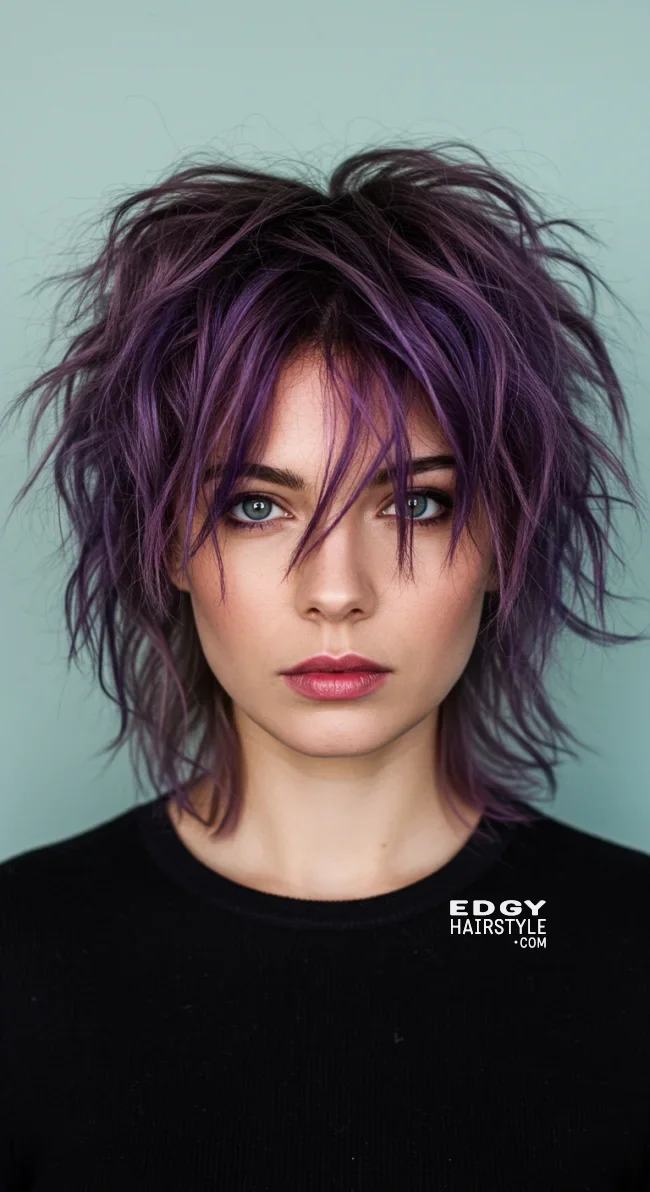 12. Shag Cut with Messy Purple Highlights | 15 Trendy Hairstyles With Purple Highlights