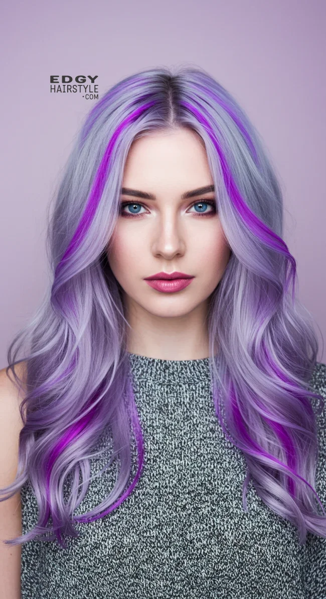 10. Silver Hair with Electric Purple Highlights | 15 Trendy Hairstyles With Purple Highlights