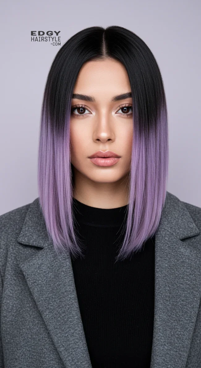 9. Black Lob with Pastel Purple Ends | 15 Trendy Hairstyles With Purple Highlights