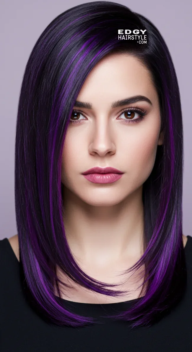 2. Straight Black Hair with Vibrant Purple Streaks | 15 Trendy Hairstyles With Purple Highlights