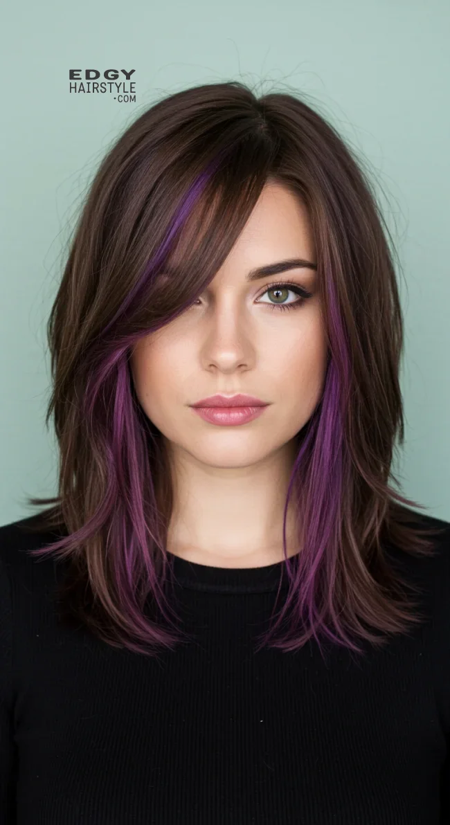 11. Layered Brown Hair with Subtle Purple Streaks | 15 Trendy Hairstyles With Purple Highlights