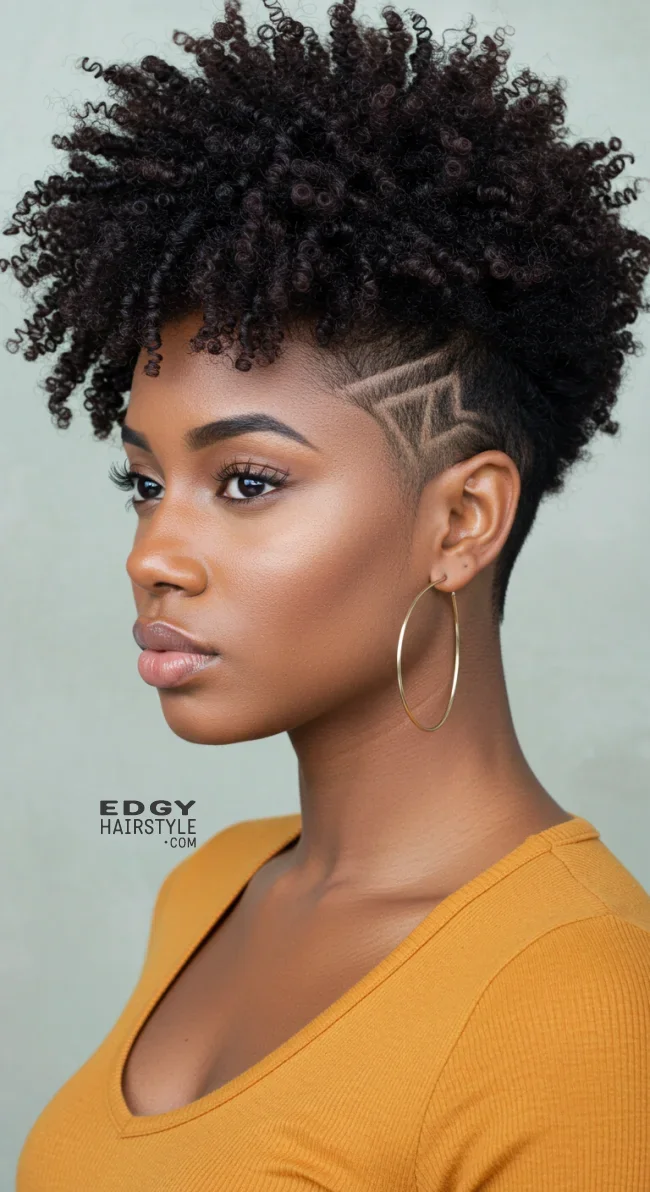 4. Curly Fade with Design | Short Natural Fade Haircuts For Black Women