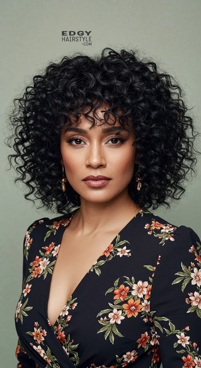 10. Soft Curly Bangs with Shoulder-Length Curls | Astonishing Photos That Inspire You For Getting Bangs Over 40