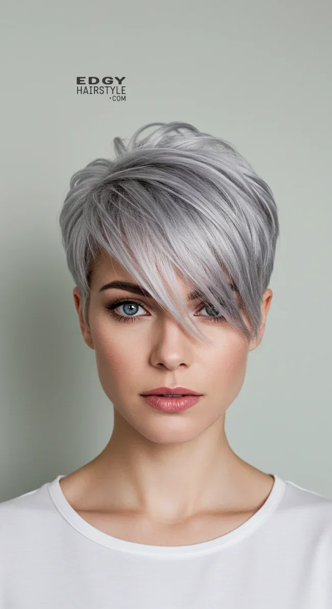 10. Silver Pixie with Side-Swept Bangs | Embrace The Elegance Of Short Gray Hairstyles - Chic And Timeless