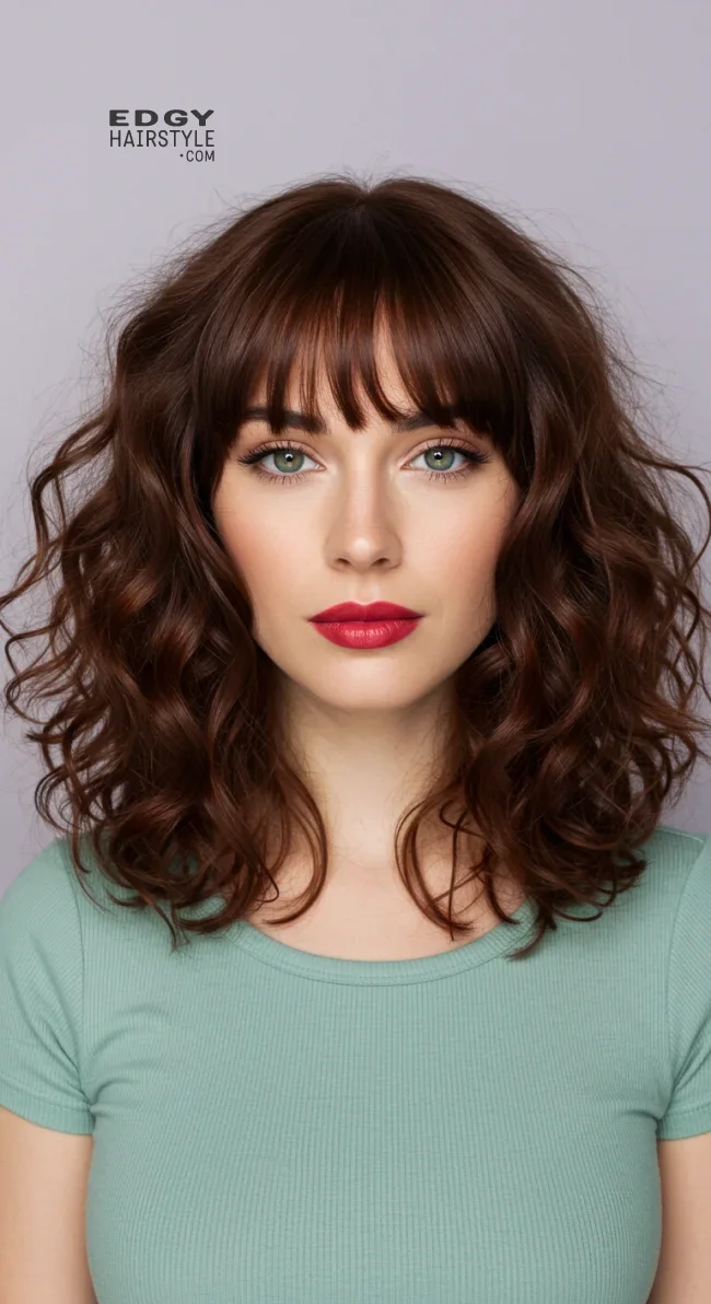8. Curly Medium-Length with Defined Bangs | 15 Low-Maintenance Medium-Length Hairstyles With Bangs