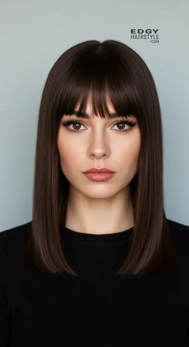 12. Straight with Center-Parted Bangs | 15 Low-Maintenance Medium-Length Hairstyles With Bangs