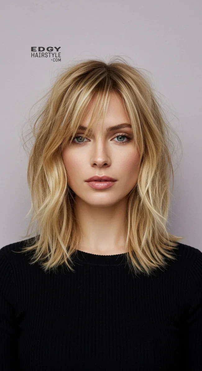 13. Side-Parted Medium Cut with Wispy Bangs | 15 Low-Maintenance Medium-Length Hairstyles With Bangs