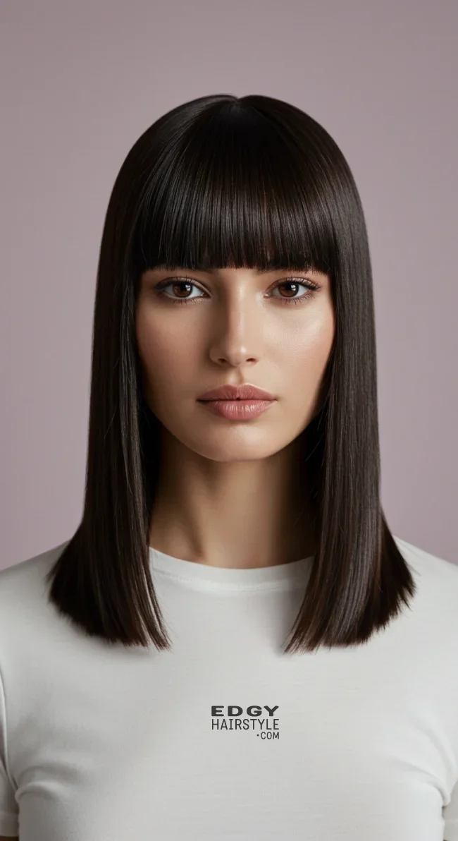 1. Sleek Straight with Blunt Bangs | 15 Low-Maintenance Medium-Length Hairstyles With Bangs