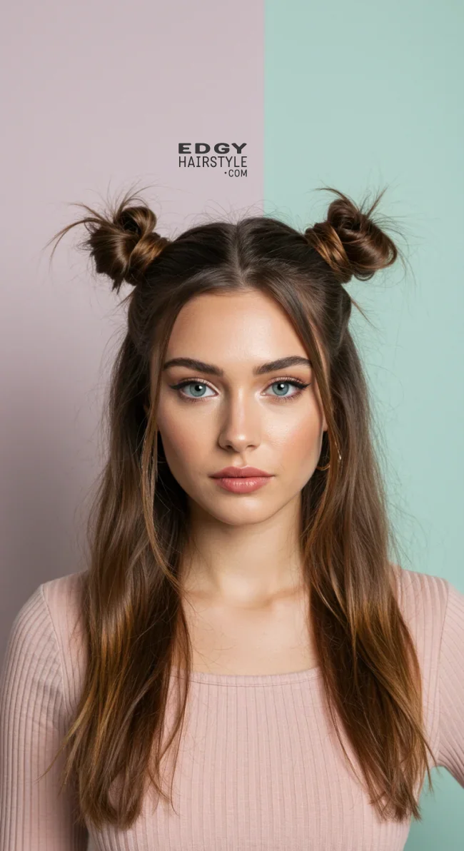 4. Half-Up Space Buns | Quick And Easy Space Buns Hairstyle Tutorial With Examples