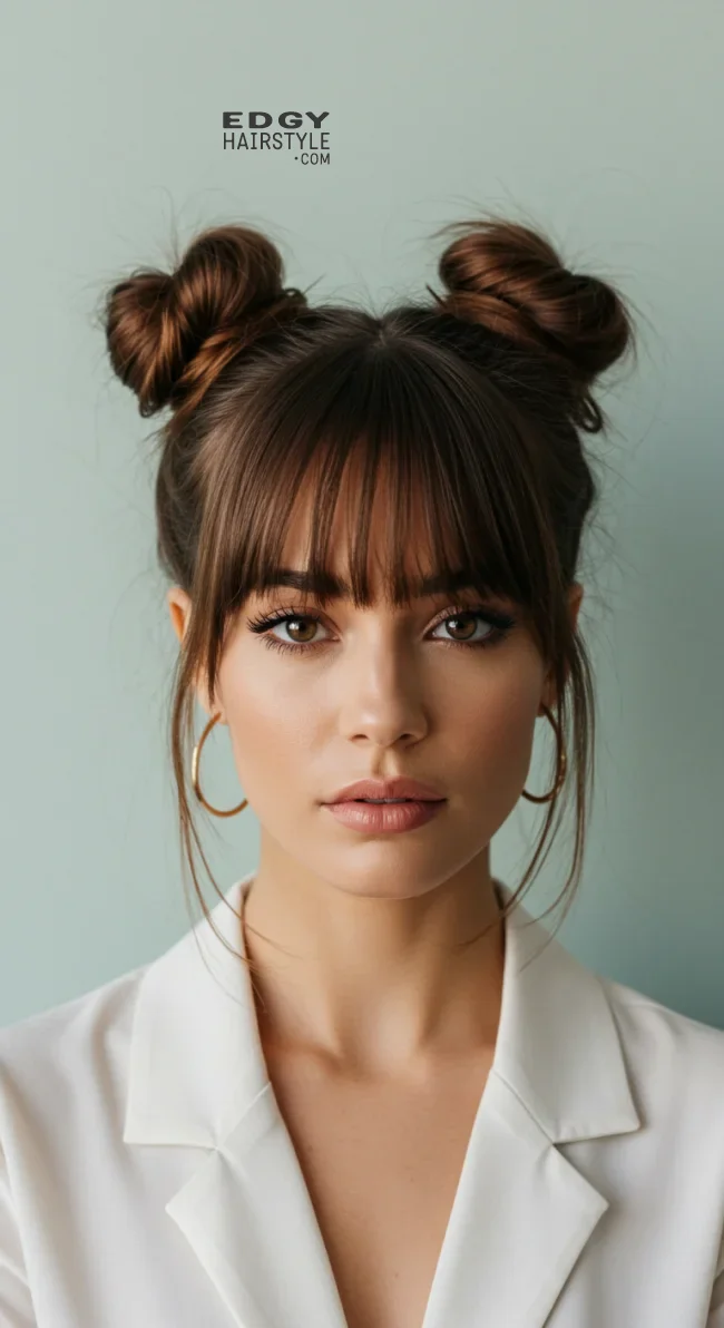 7. Space Buns with Bangs | Quick And Easy Space Buns Hairstyle Tutorial With Examples
