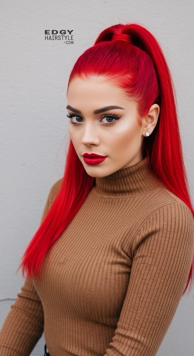 8. Fire Engine Red High Ponytail | 15 Red Hair Looks To Warm Up Your Vibe This Winter