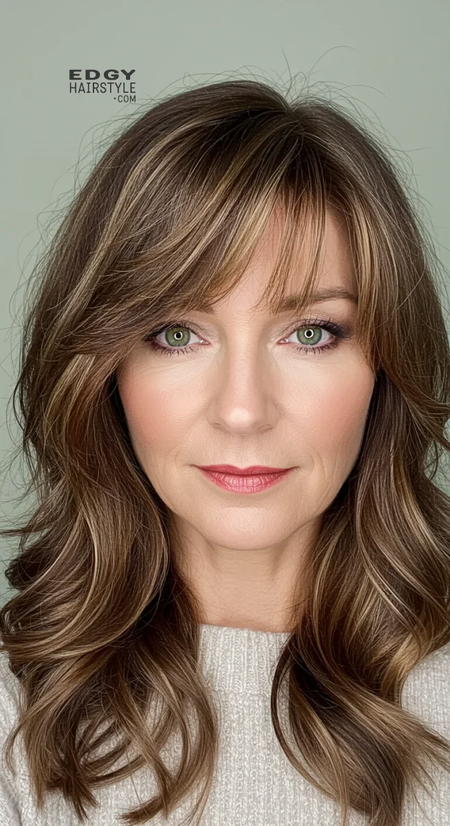 13. Side-Swept Bangs with Long Hair | 15 Best Haircuts For Women Over 60