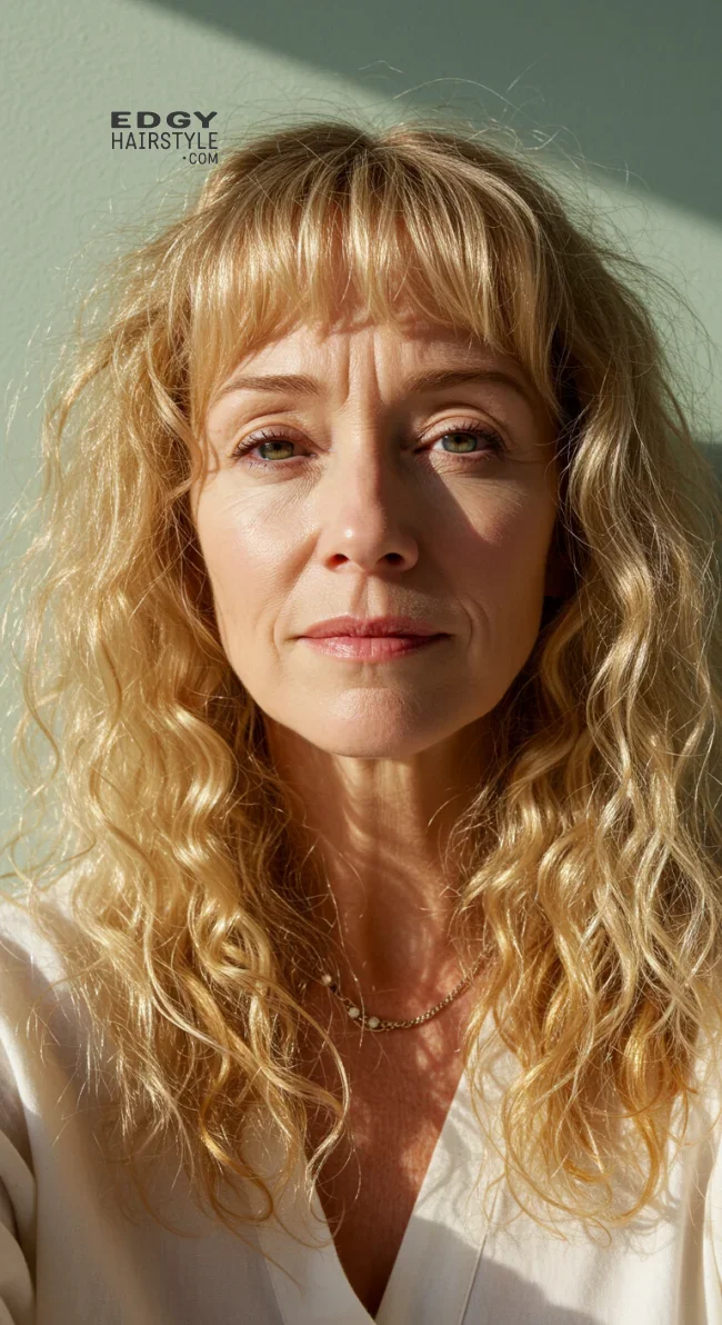 4. Layered Bangs with Curls | Should A 60 Year Old Woman Wear Bangs?