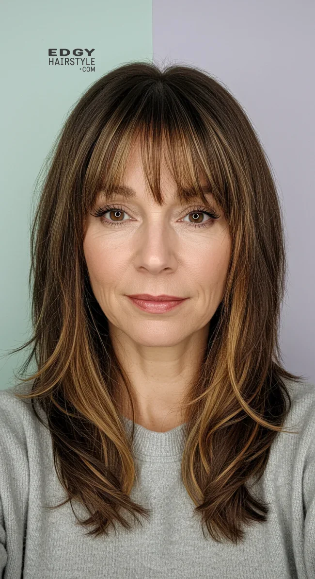 6. Long, Face-Framing Bangs | Should A 60 Year Old Woman Wear Bangs?