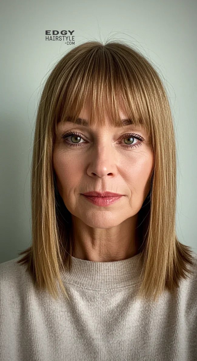 15. Sleek Long Bangs | Should A 60 Year Old Woman Wear Bangs?