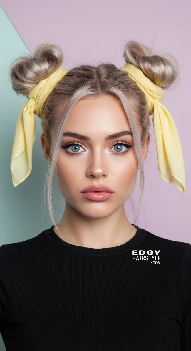 13. Double Buns with Scarf Wrap | 15 Hairstyle Ideas Using A Scarf - Chic And Trendy
