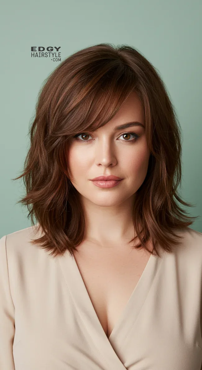 3. Side-Swept Bangs with Layers | Flattering Haircuts For Chubby Faces And Thick Hair