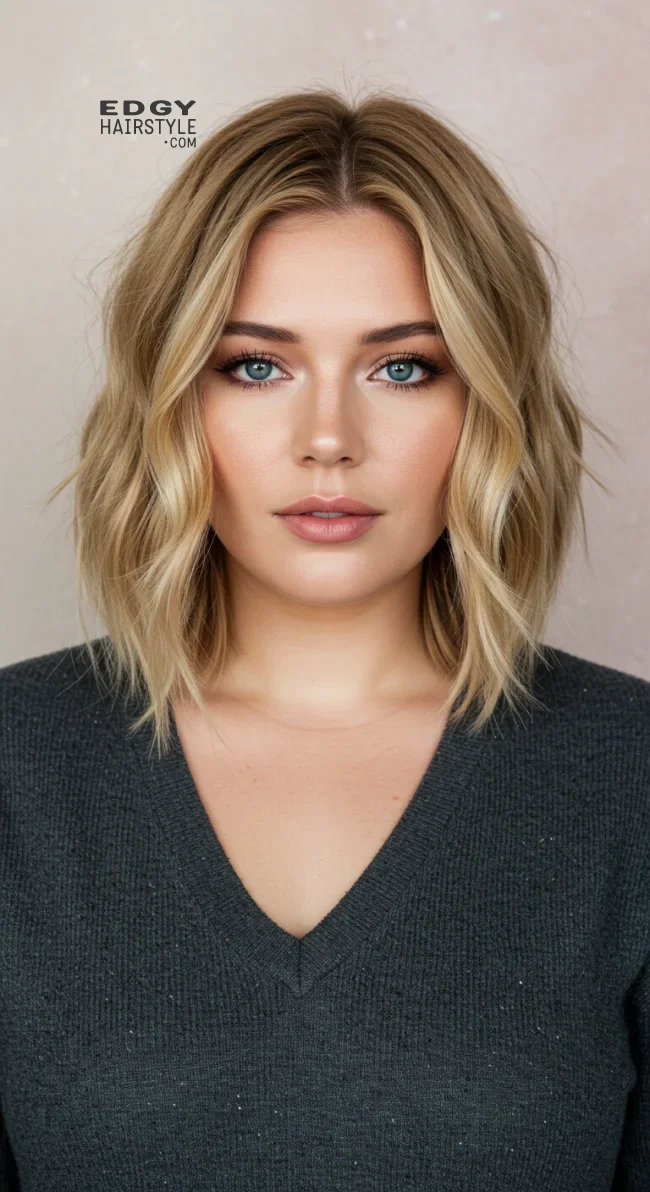 15. Angled Lob with Beach Waves | Flattering Haircuts For Chubby Faces And Thick Hair