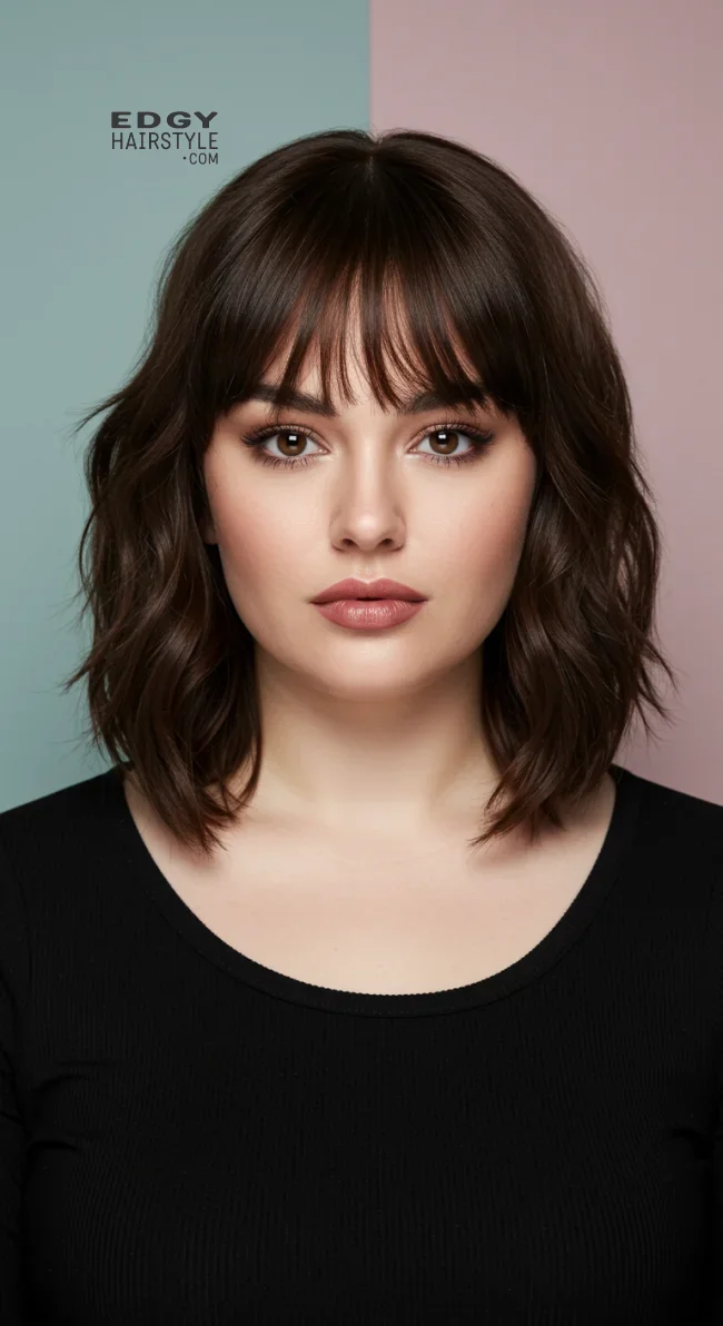 11. Collarbone-Length Cut with Curtain Bangs | Flattering Haircuts For Chubby Faces And Thick Hair