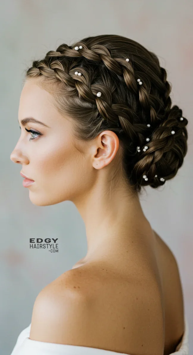 9. Low Braided Bun with Pearls Interwoven | Elegant Wedding Updo Hairstyles Featuring Pearl Hairpins