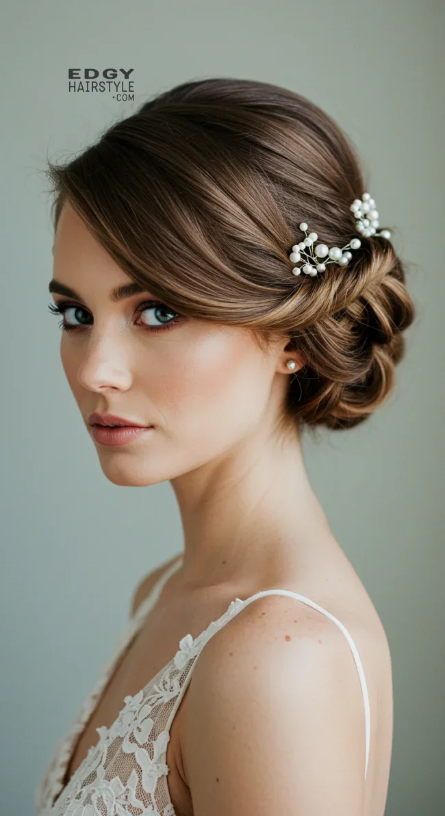 10. Side-Swept Updo with Pearl-Embellished Twists | Elegant Wedding Updo Hairstyles Featuring Pearl Hairpins