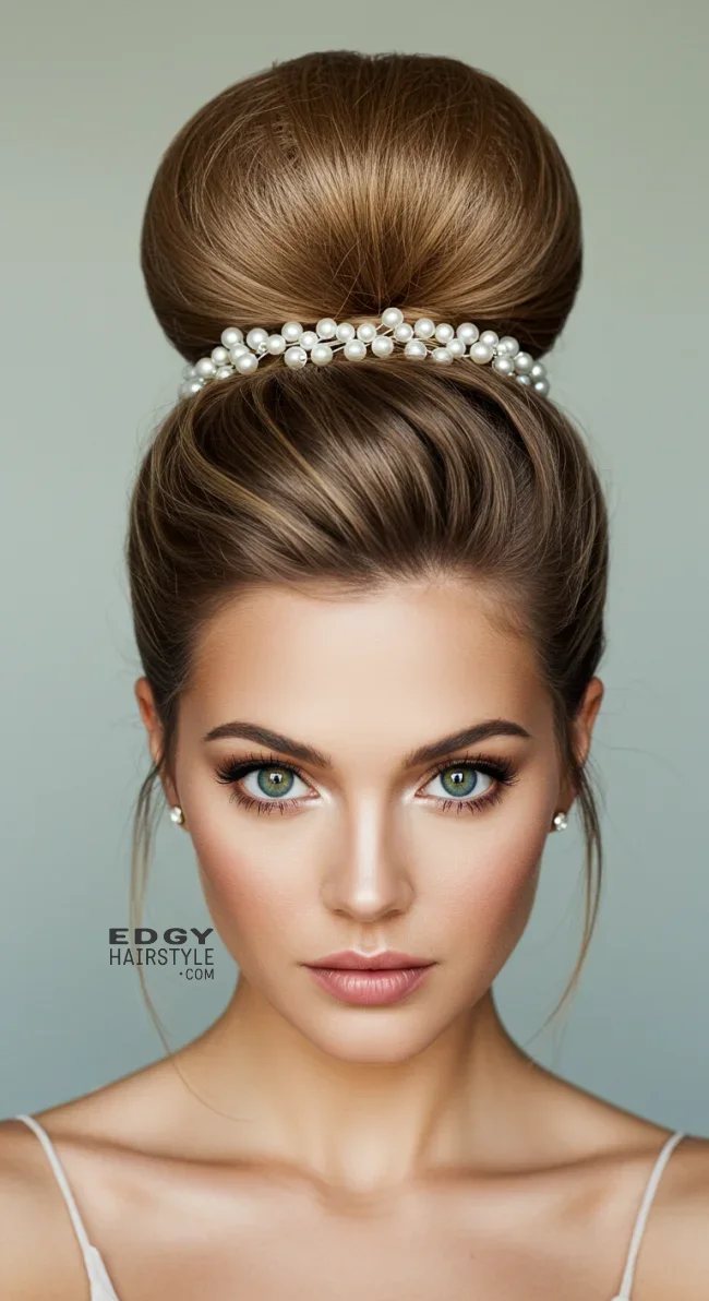 6. Voluminous High Bun with a Pearl Halo | Elegant Wedding Updo Hairstyles Featuring Pearl Hairpins