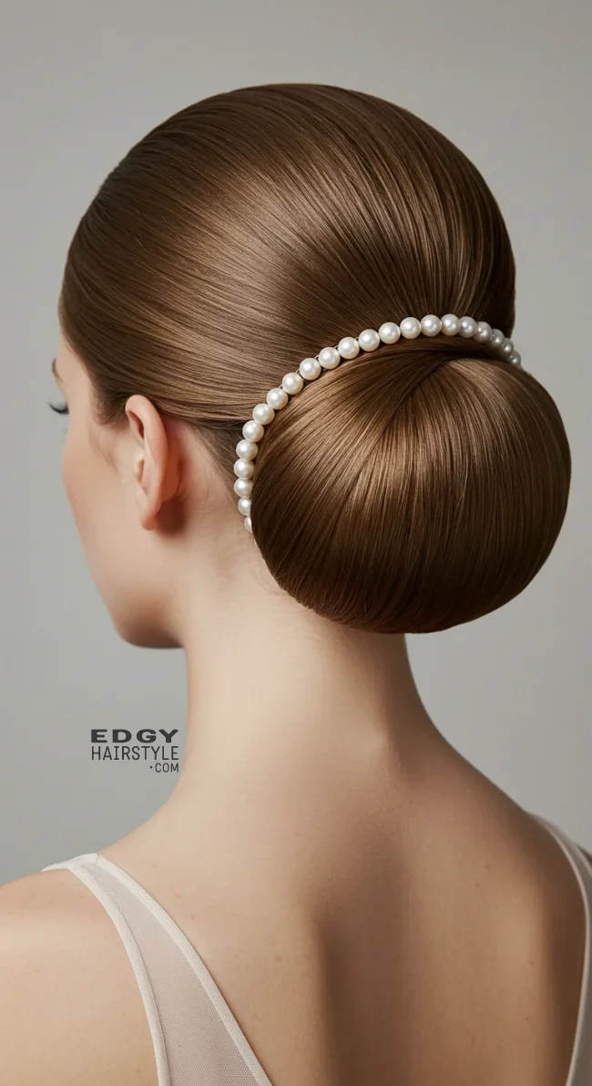 13. Sculpted Bun with Pearl Line Detailing | Elegant Wedding Updo Hairstyles Featuring Pearl Hairpins