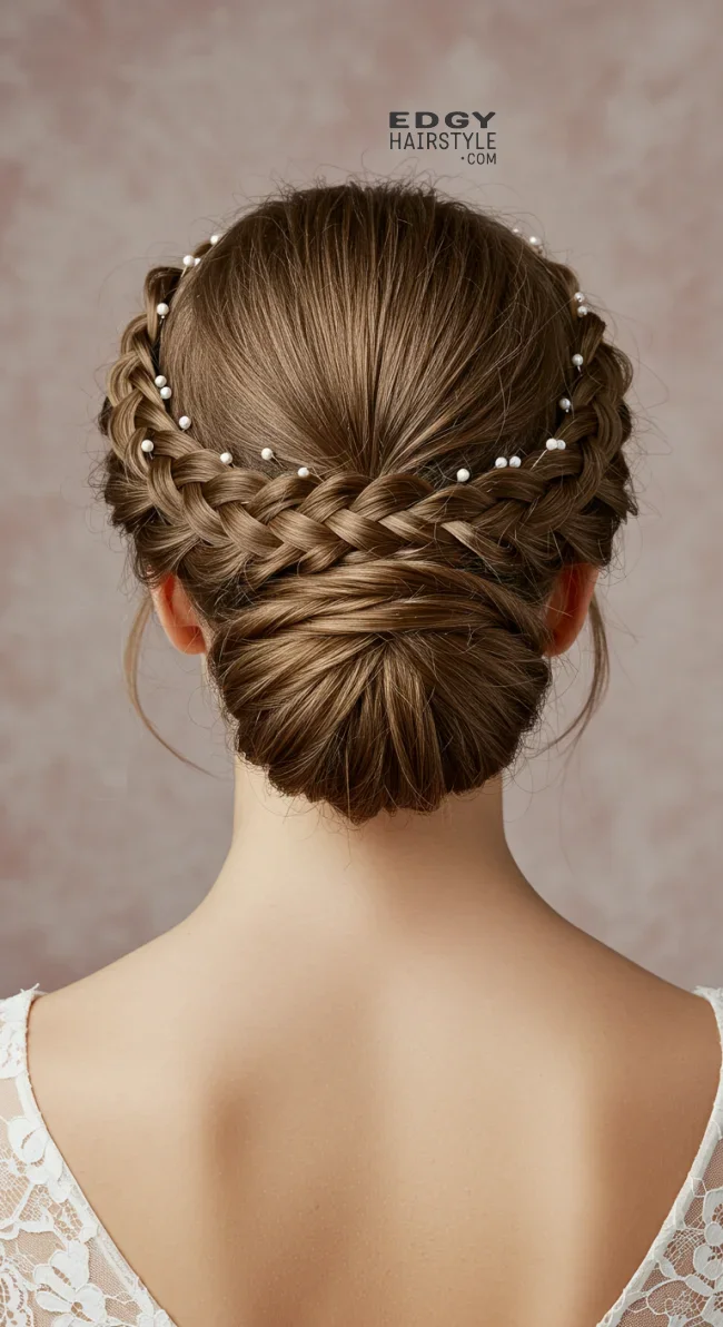 4. Braided Crown Updo with Pearl Pins | Elegant Wedding Updo Hairstyles Featuring Pearl Hairpins