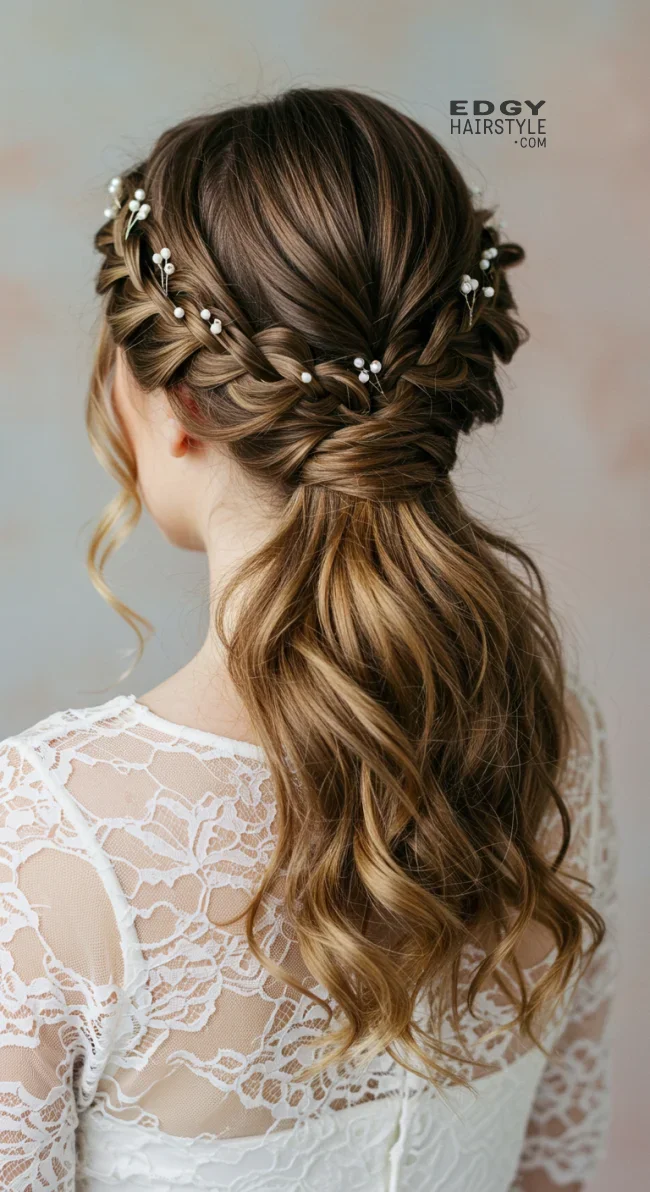 15. Half-Up Braided Updo with Pearl Accents | Elegant Wedding Updo Hairstyles Featuring Pearl Hairpins