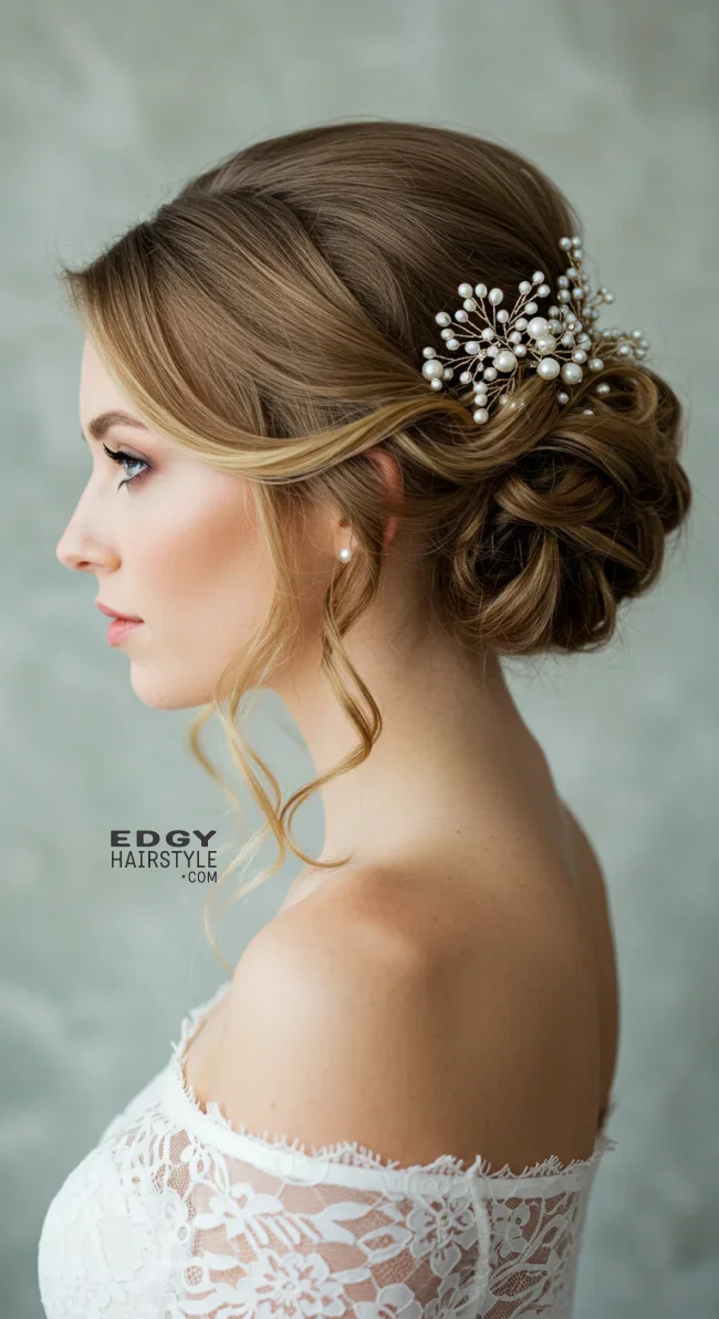 8. Soft Curled Updo with Pearl Sprays | Elegant Wedding Updo Hairstyles Featuring Pearl Hairpins