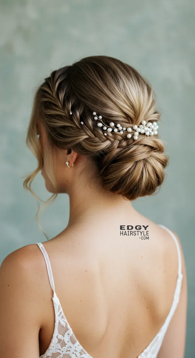 12. Waterfall Braid Updo with Pearls | Elegant Wedding Updo Hairstyles Featuring Pearl Hairpins