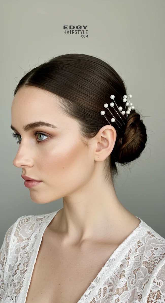 11. Elegant Knot Updo with Pearl Hairpins | Elegant Wedding Updo Hairstyles Featuring Pearl Hairpins